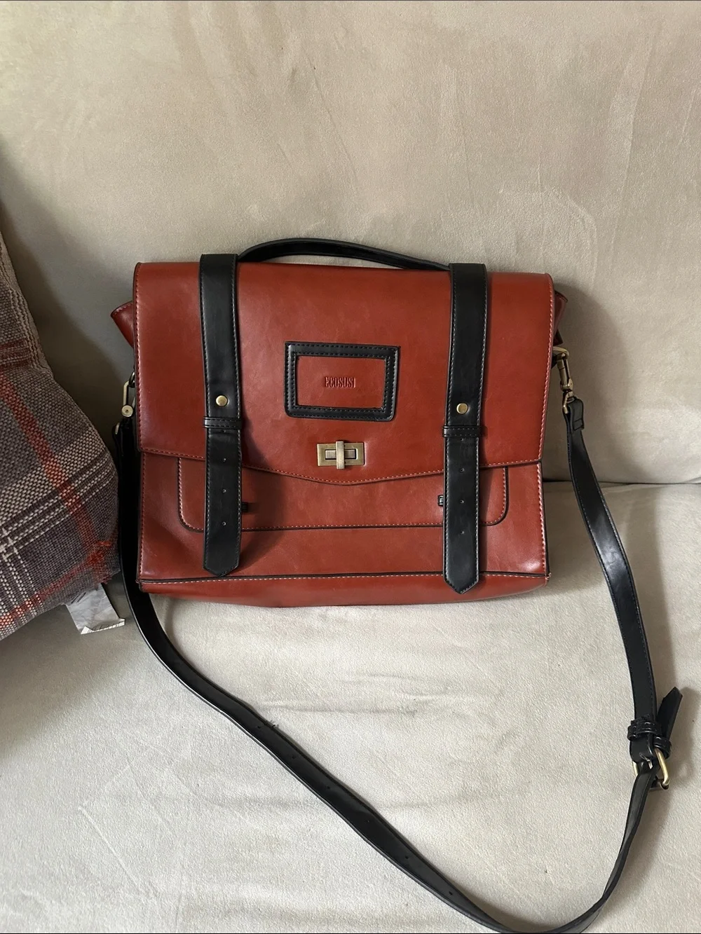 Classic Ecosusi Vegan Leather Briefcase Satchel - Brown with Black Trim